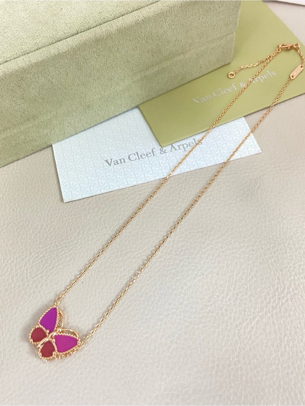 Van Cleef & Arpels Gold Chain Necklace with Pink Butterfly Pendant